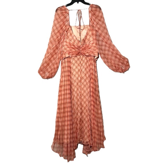 NWT Acler Mattison Pleated Plaid Chiffon Maxi Dress in Peach Size 6 Chic Retro - Picture 9 of 15